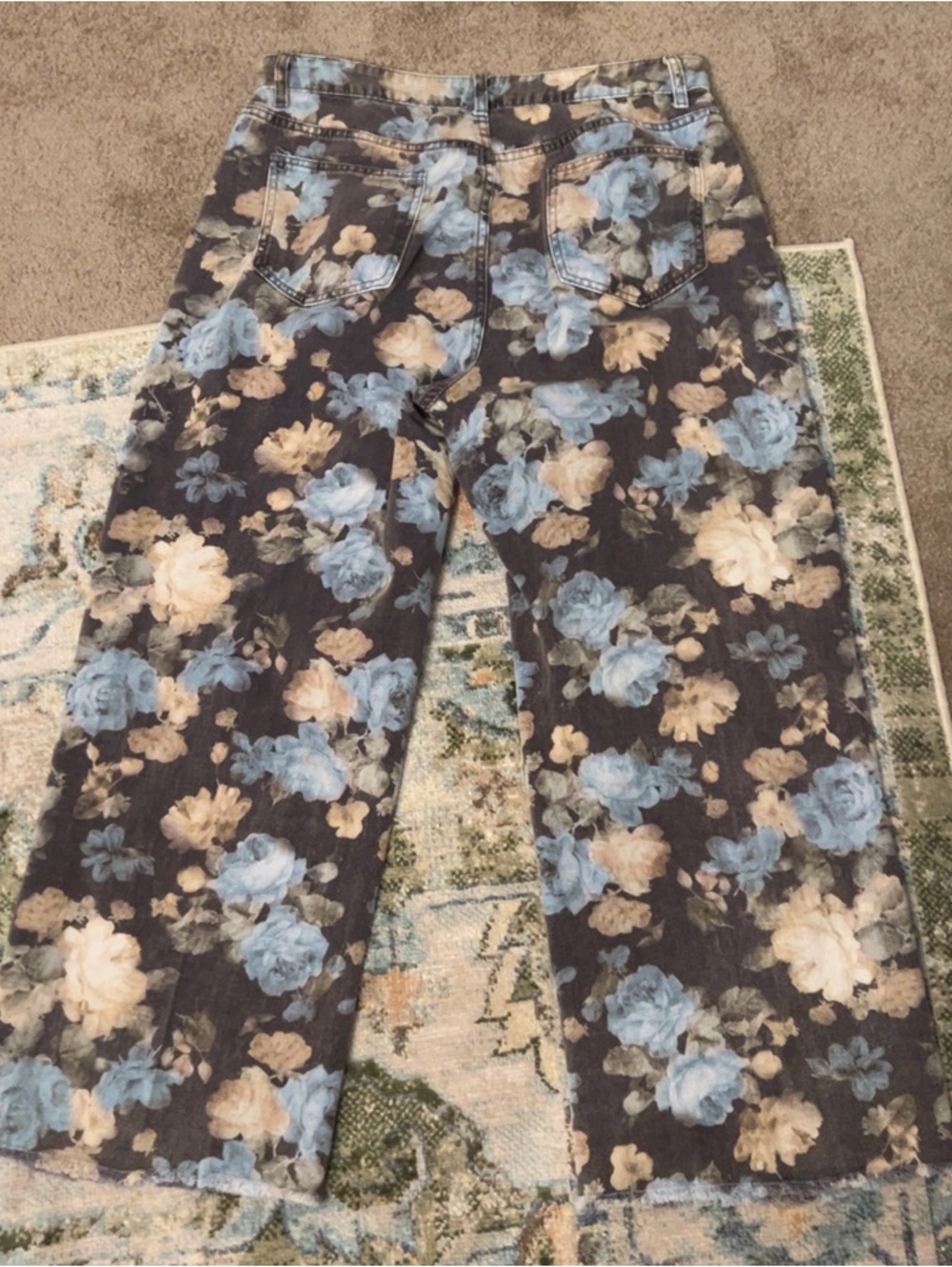 Floral Print Denim Jeans - Blue & Cream Roses - Picture 2 of 6